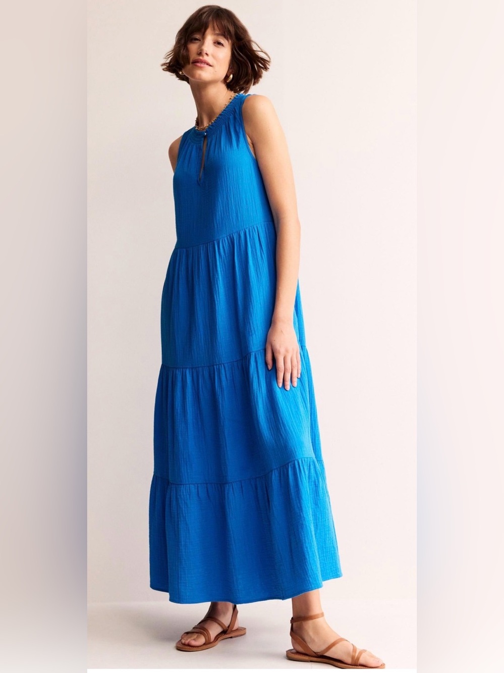 Women's BODEN Double Cloth Maxi Tiered Dress Indigo Bunting Blue Size 12 12P